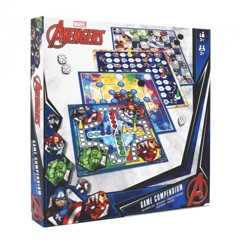 Set 25 jocuri de societate, Game Compedium - Marvel Avengers, 4 planse dimensiuni 26 x 26 cm, 16 pioni, 24 jetoane, 5 zaruri Set 25 jocuri de societate, Game Compedium - Marvel Avengers, 4 planse dimensiuni 26 x 26 cm, 16 pioni, 24 jetoane, 5 zaruri